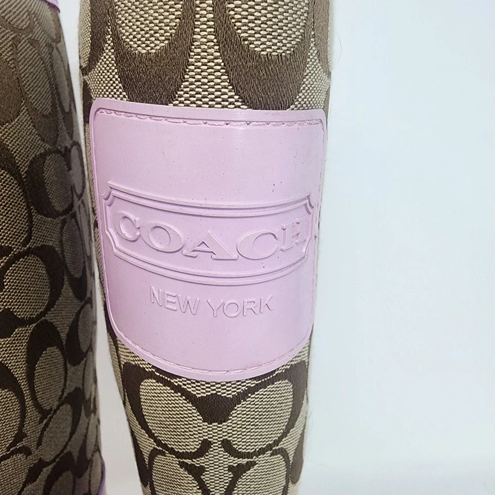 Coach Pink Rain Boots 8B tan Signature Monogram Canvas